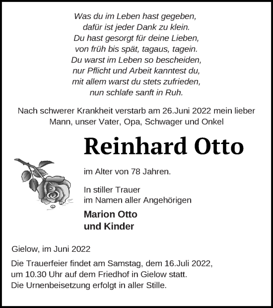 Traueranzeige von Reinhard Otto von Mecklenburger Schweiz