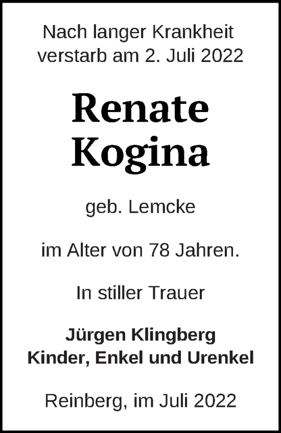 Traueranzeige von Renate Kogina von Neubrandenburger Zeitung