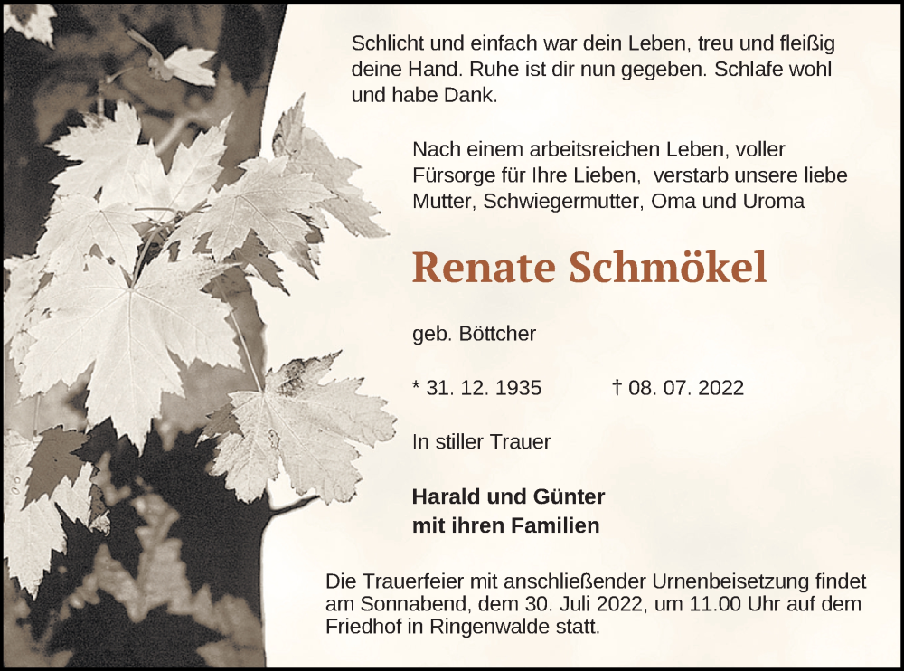  Traueranzeige für Renate Schmökel vom 16.07.2022 aus Templiner Zeitung