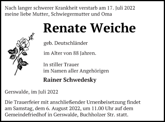 Traueranzeige von Renate Weiche von Templiner Zeitung