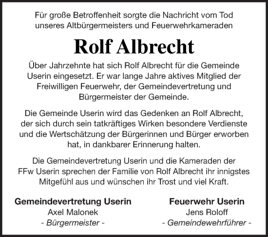 Traueranzeige von Rolf Albrecht von Strelitzer Zeitung