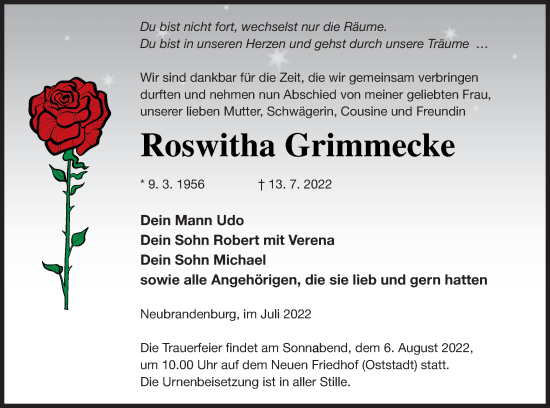 Traueranzeige von Roswitha Grimmecke von Neubrandenburger Zeitung