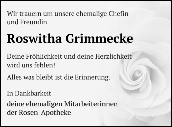 Traueranzeige von Roswitha Grimmecke von Neubrandenburger Zeitung