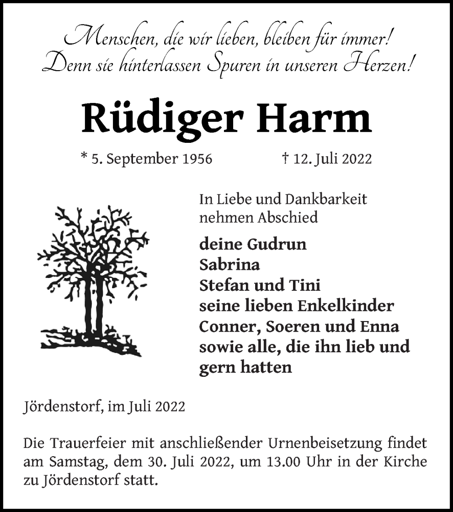  Traueranzeige für Ruiger Harm vom 28.07.2022 aus Mecklenburger Schweiz