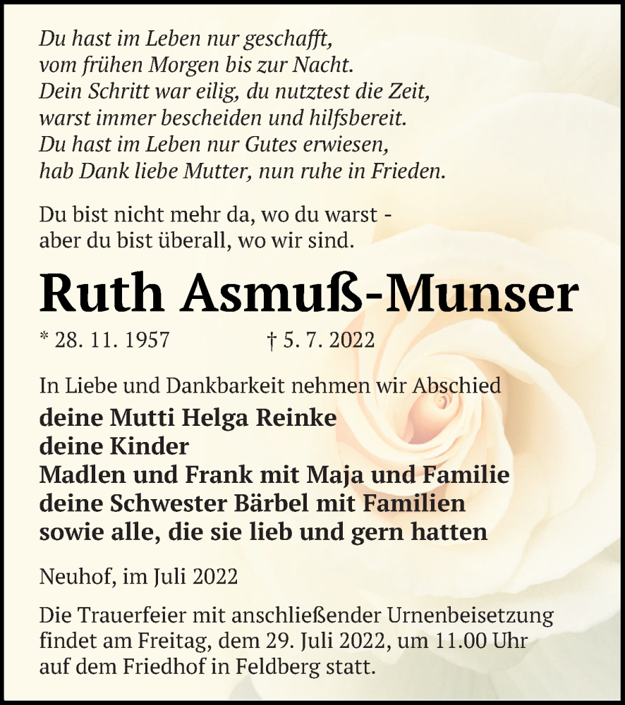  Traueranzeige für Ruth Asmuß-Munser vom 15.07.2022 aus Strelitzer Zeitung