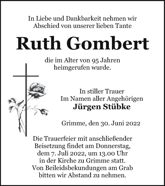 Traueranzeige von Ruth Gombert von Prenzlauer Zeitung