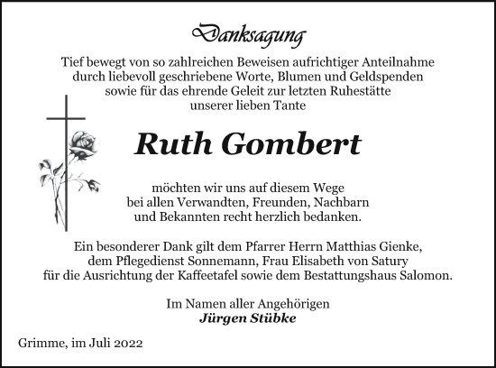 Traueranzeige von Ruth Gombert von Prenzlauer Zeitung