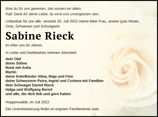 Traueranzeige von Sabine Rieck von Haff-Zeitung