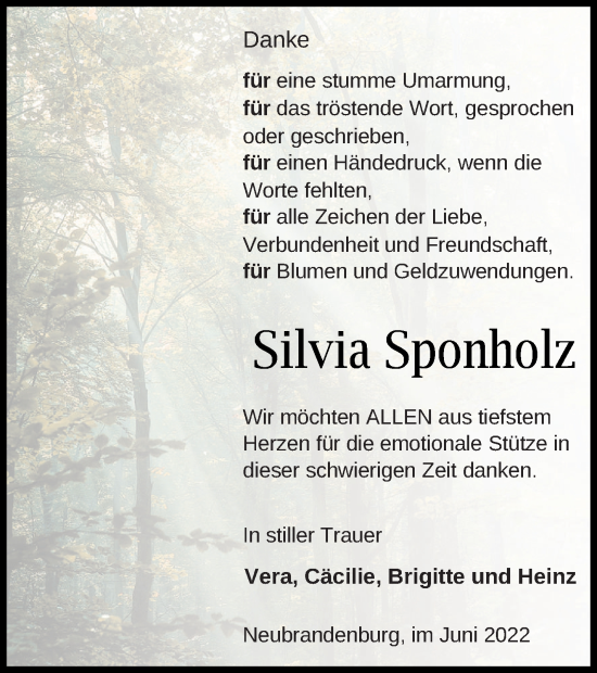 Traueranzeige von Silvia Sponholz von Neubrandenburger Zeitung