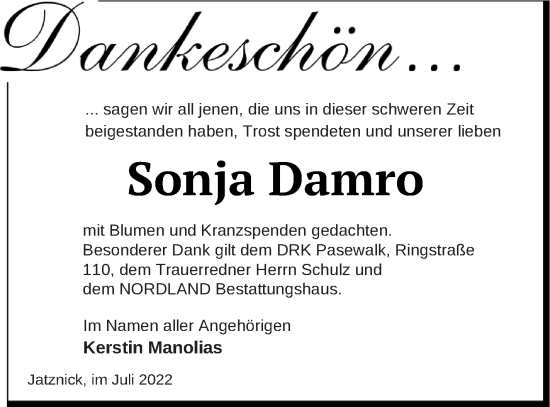 Traueranzeige von Sonja Damro von Pasewalker Zeitung