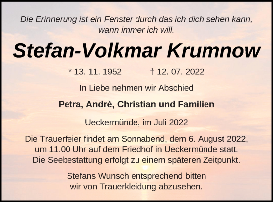 Traueranzeige von Stefan-Volkmar Krumnow von Haff-Zeitung