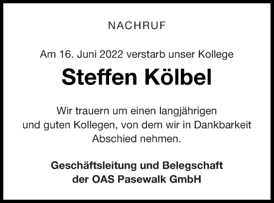 Traueranzeige von Steffen Kölbel von Haff-Zeitung