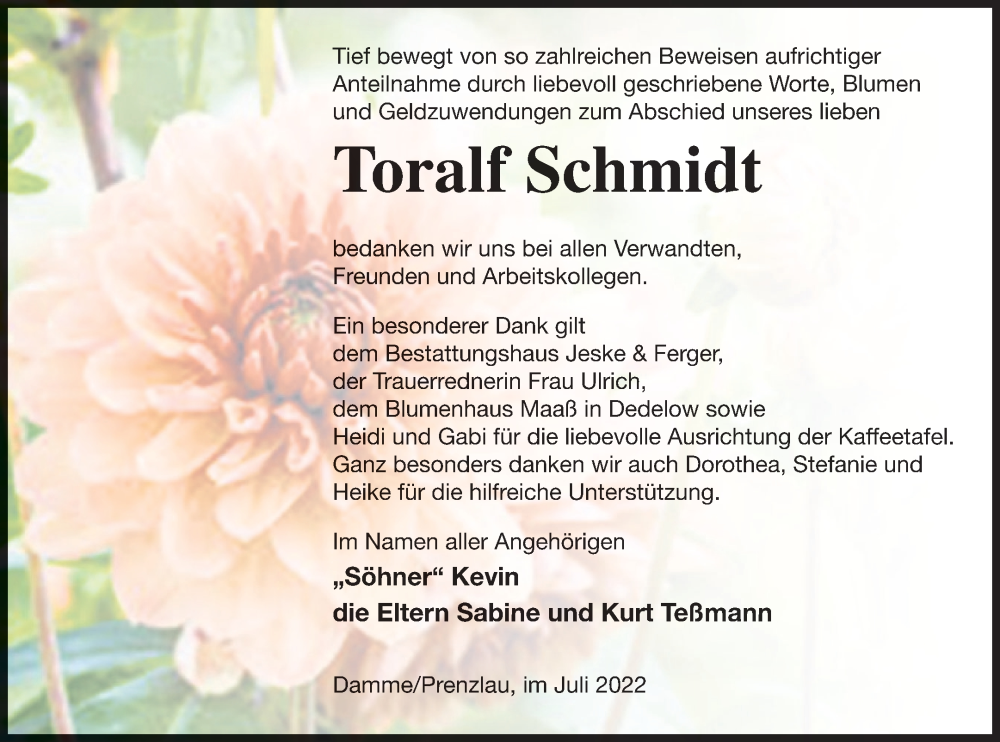  Traueranzeige für Toralf Schmidt vom 15.07.2022 aus Prenzlauer Zeitung