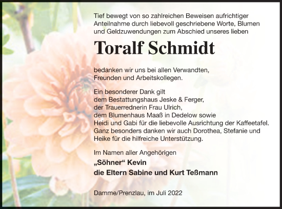 Traueranzeige von Toralf Schmidt von Prenzlauer Zeitung