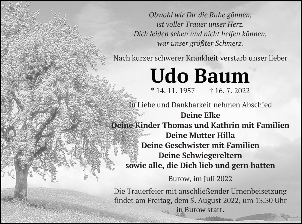 Traueranzeige für Udo Baum vom 22.07.2022 aus Neubrandenburger Zeitung