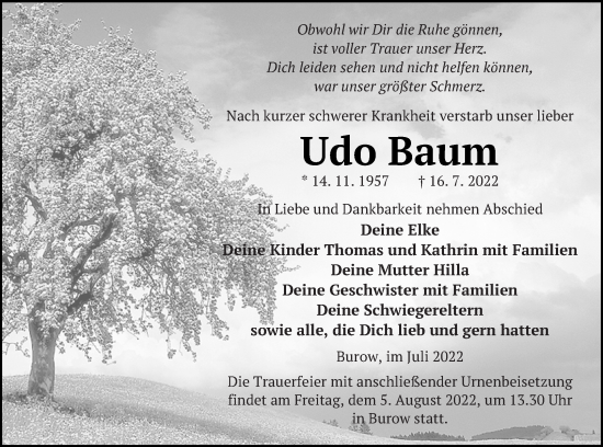 Traueranzeige von Udo Baum von Neubrandenburger Zeitung