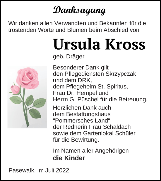 Traueranzeige von Ursula Kross von Pasewalker Zeitung