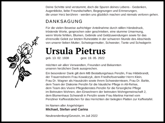 Traueranzeige von Ursula Pietrus von Müritz-Zeitung