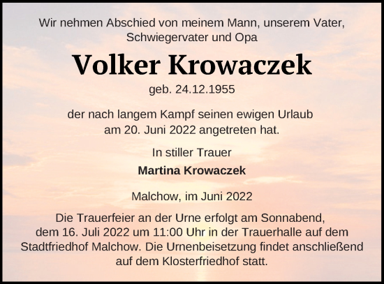 Traueranzeige von Volker Krowaczek von Müritz-Zeitung