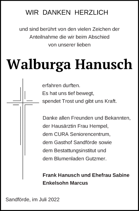 Traueranzeige von Walburga Hanusch von Pasewalker Zeitung