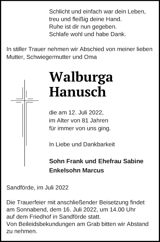 Traueranzeige von Walburga Hanusch von Pasewalker Zeitung