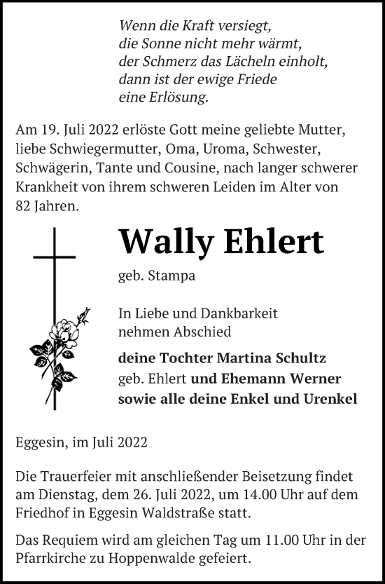 Traueranzeige von Wally Ehlert von Haff-Zeitung