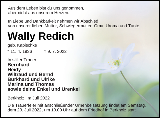 Traueranzeige von Wally Redich von Prenzlauer Zeitung