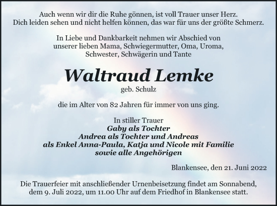 Traueranzeige von Waltraud Lemke von Pasewalker Zeitung