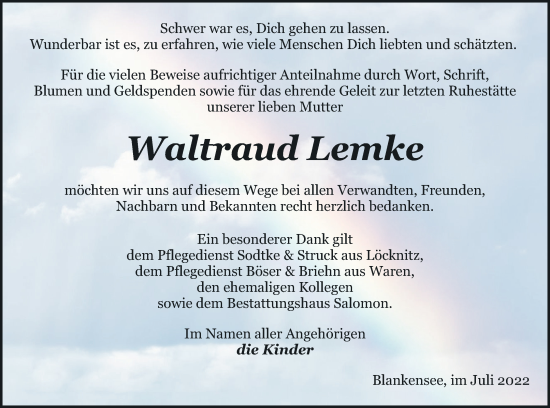 Traueranzeige von Waltraud Lemke von Pasewalker Zeitung