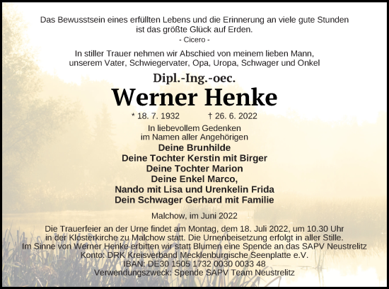 Traueranzeige von Werner Henke von Müritz-Zeitung
