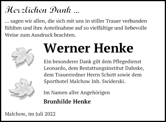Traueranzeige von Werner Henke von Müritz-Zeitung