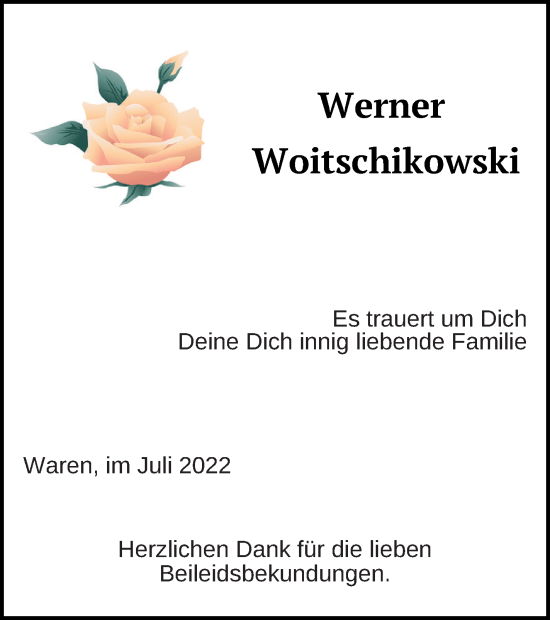 Traueranzeige von Werner Woitschikowski von Müritz-Zeitung