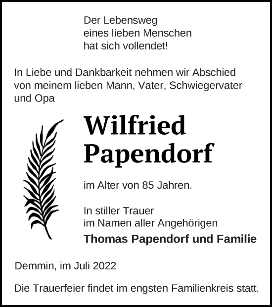 Traueranzeige von Wilfried Papendorf von Demminer Zeitung