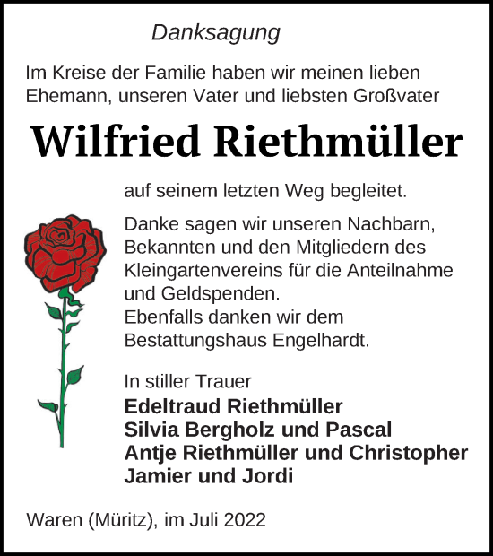 Traueranzeige von Wilfried Riethmüller von Müritz-Zeitung