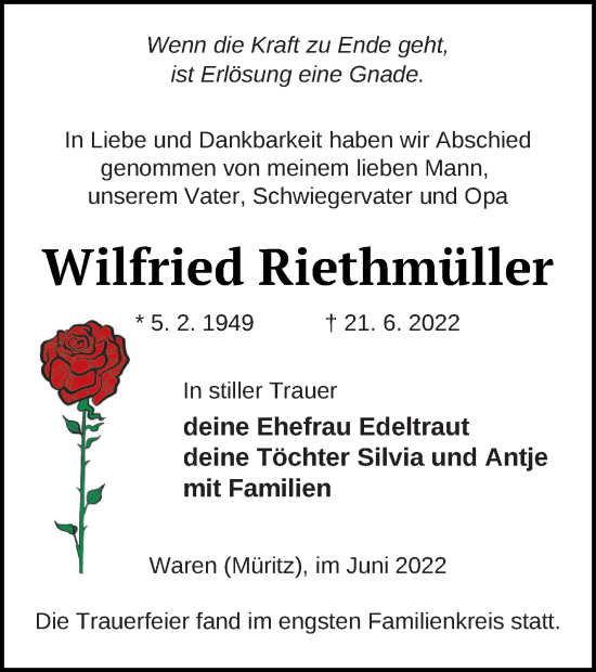 Traueranzeige von Wilfried Riethmüller von Müritz-Zeitung