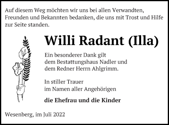 Traueranzeige von Willi Radant von Strelitzer Zeitung