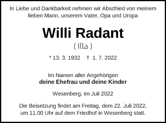 Traueranzeige von Willi Radant von Strelitzer Zeitung