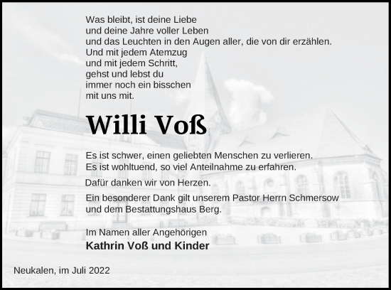 Traueranzeige von Willi Voß von Mecklenburger Schweiz