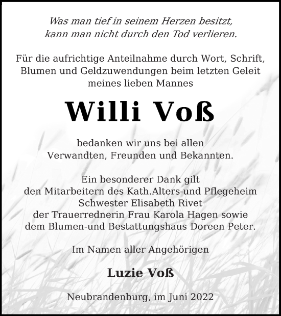 Traueranzeige von Willi Voß von Neubrandenburger Zeitung