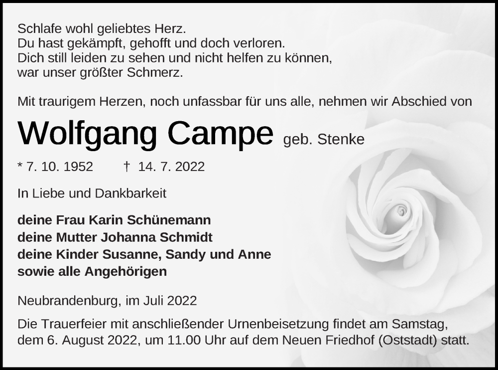  Traueranzeige für Wolfgang Campe vom 23.07.2022 aus Neubrandenburger Zeitung