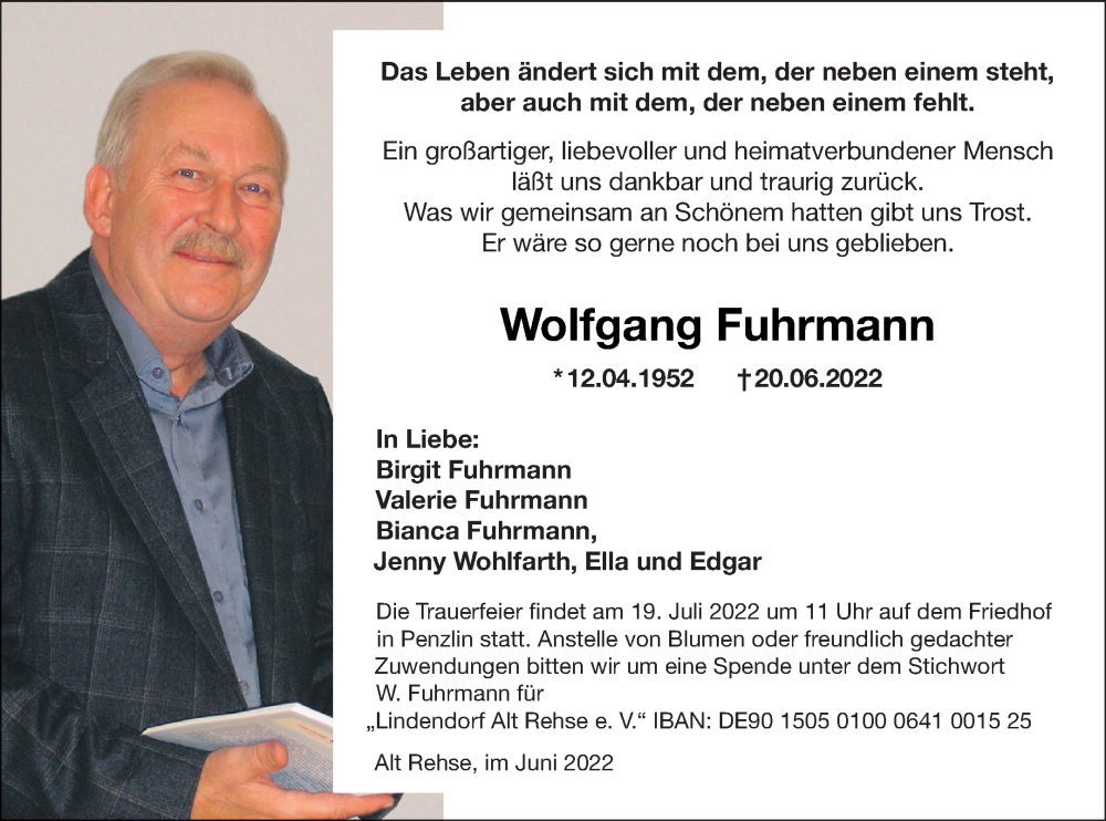  Traueranzeige für Wolfgang Fuhrmann vom 02.07.2022 aus Demminer Zeitung