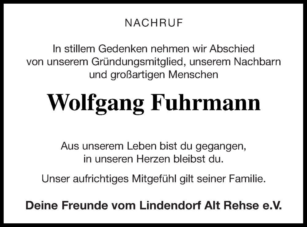  Traueranzeige für Wolfgang Fuhrmann vom 02.07.2022 aus Müritz-Zeitung