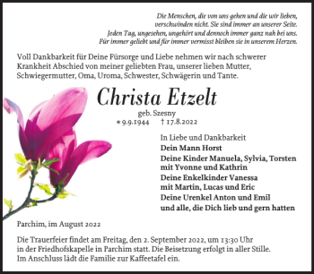 Traueranzeige von Christa Etzelt von Parchimer Zeitung