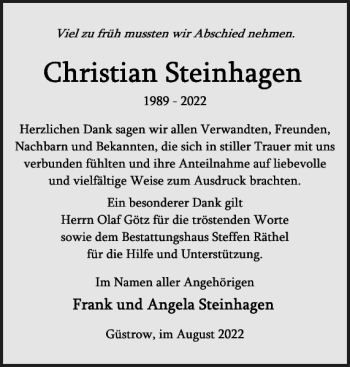 Traueranzeige von Christian Steinhagen von Güstrower Tageblatt