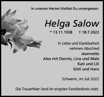 Traueranzeige von Helga Salow von Zeitung für die Landeshauptstadt