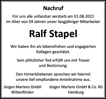 Traueranzeige von Ralf Stapel von Güstrower Anzeiger