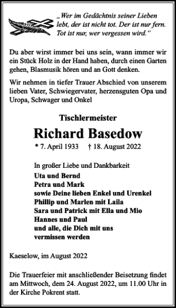 Traueranzeige von Richard Basedow von Gadebusch-Rehnaer Zeitung