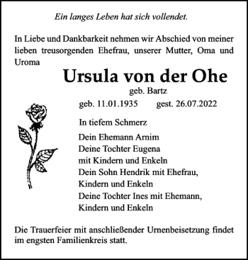 Traueranzeige von Ursula von der Ohe von Norddeutsche Neueste Nachrichten