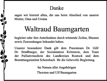 Traueranzeige von Waltraud Baumgarten von Norddeutsche Neueste Nachrichten