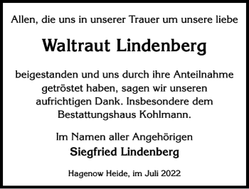 Traueranzeige von Waltraut Lindenberg von Hagenower Kreisblatt